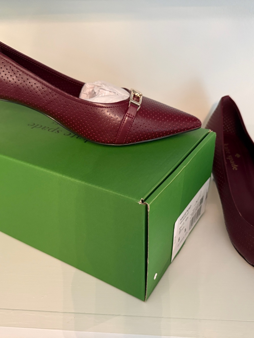 kate spade Perforated Pointed-Toe Kitten Heel Pumps in Burgundy with Gold Buckle